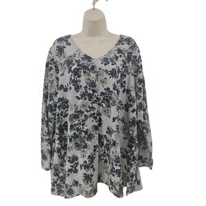 Pure Jill Shirt Women 2X Gray Blue Floral Long Sleeve Pima Cotton Tunic Cottage